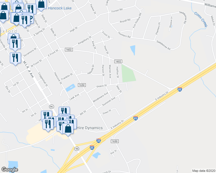 map of restaurants, bars, coffee shops, grocery stores, and more near 204 Peace Street in Oxford