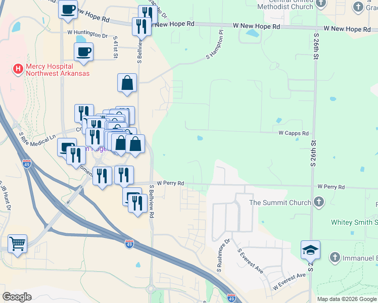 map of restaurants, bars, coffee shops, grocery stores, and more near 3105 South Sam Davis Road in Rogers
