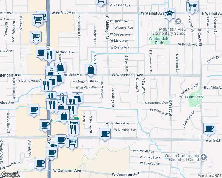 map of restaurants, bars, coffee shops, grocery stores, and more near 1230 West La Vida Court in Visalia