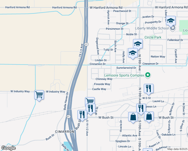 map of restaurants, bars, coffee shops, grocery stores, and more near 1737 Fortress Way in Lemoore
