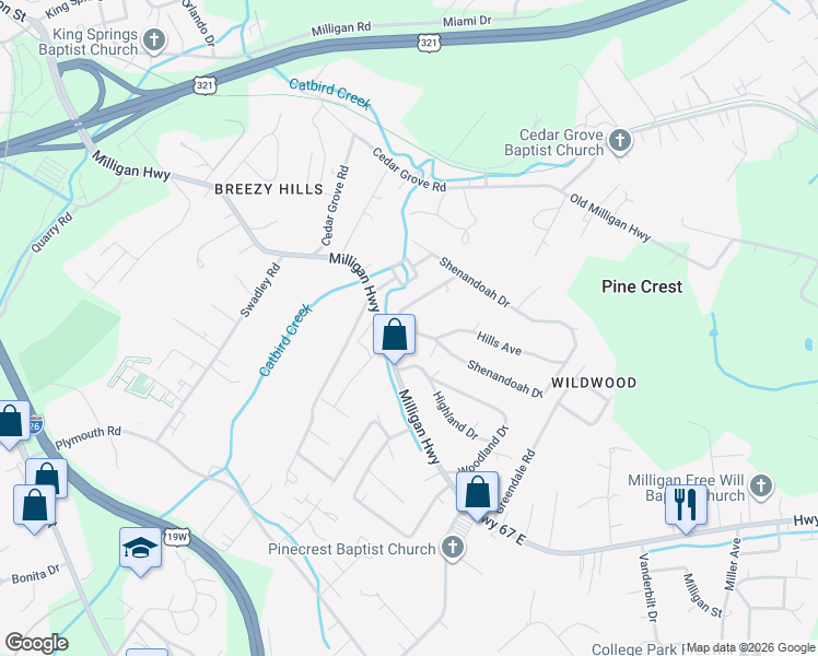 map of restaurants, bars, coffee shops, grocery stores, and more near 112 Woodland Drive in Johnson City