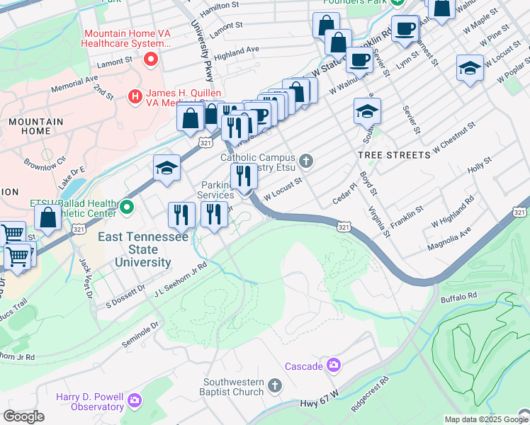map of restaurants, bars, coffee shops, grocery stores, and more near in Johnson City