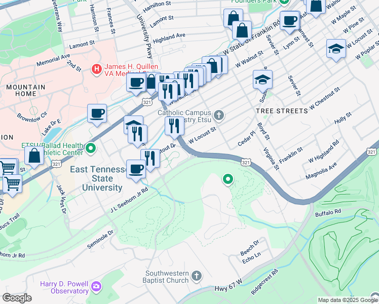 map of restaurants, bars, coffee shops, grocery stores, and more near in Johnson City