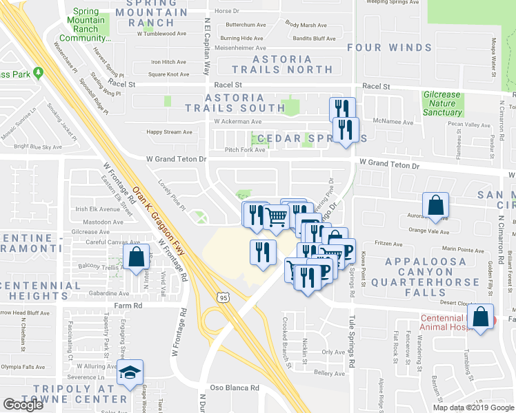 map of restaurants, bars, coffee shops, grocery stores, and more near 8617 West Hidden Pines Avenue in Las Vegas