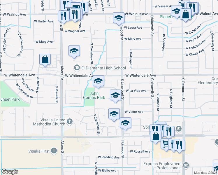 map of restaurants, bars, coffee shops, grocery stores, and more near 4711 West La Vida Avenue in Visalia