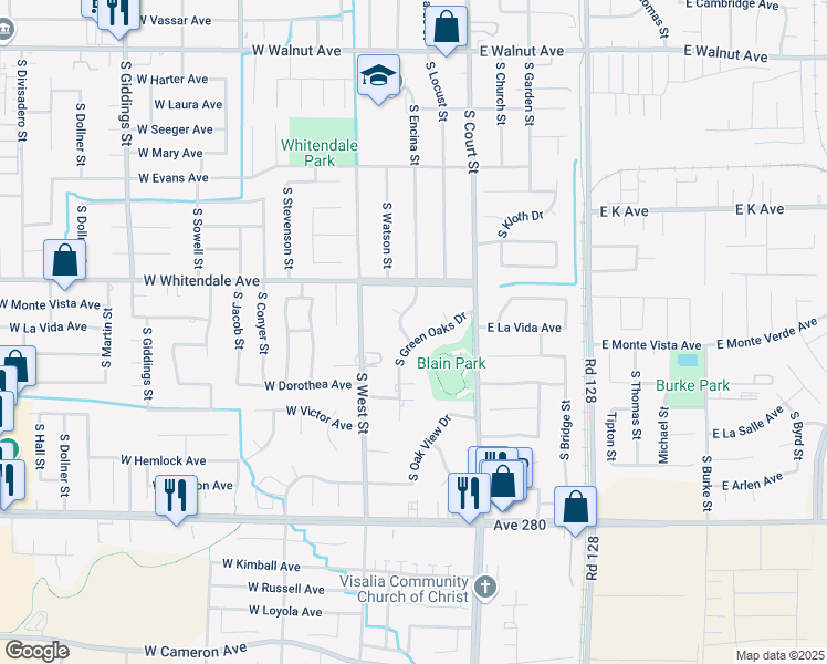 map of restaurants, bars, coffee shops, grocery stores, and more near 234 W Green Oaks Dr in Visalia