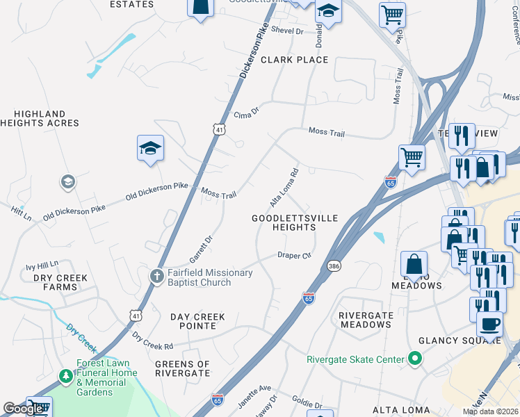 map of restaurants, bars, coffee shops, grocery stores, and more near 413 Alta Loma Road in Goodlettsville