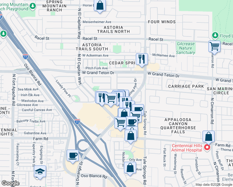 map of restaurants, bars, coffee shops, grocery stores, and more near 8557 Hidden Pines Avenue in Las Vegas