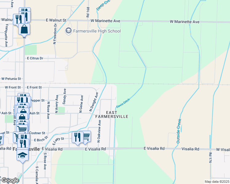 map of restaurants, bars, coffee shops, grocery stores, and more near 852 N Brundage Ave in Farmersville