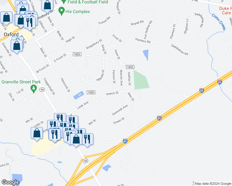 map of restaurants, bars, coffee shops, grocery stores, and more near 200 Peace Street in Oxford