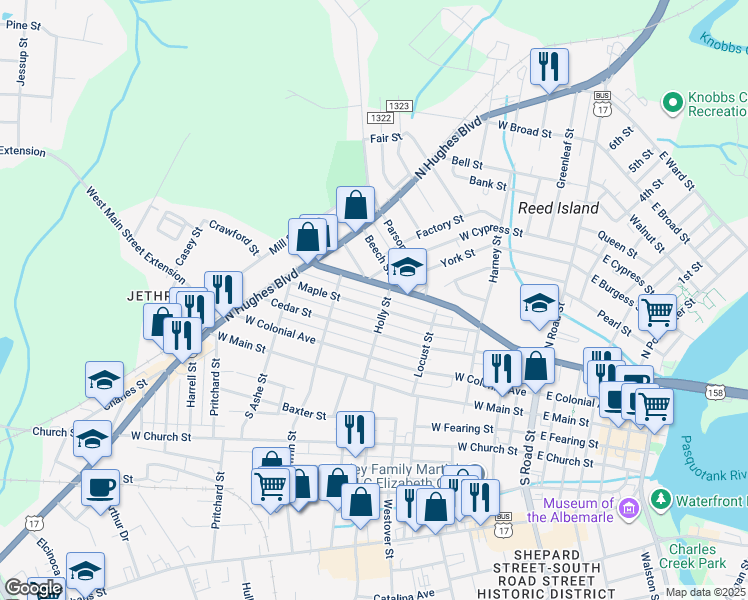 map of restaurants, bars, coffee shops, grocery stores, and more near 801 West Elizabeth Street in Elizabeth City