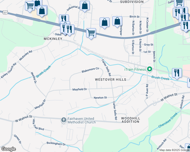 map of restaurants, bars, coffee shops, grocery stores, and more near 145 Blakemore Circle in Johnson City
