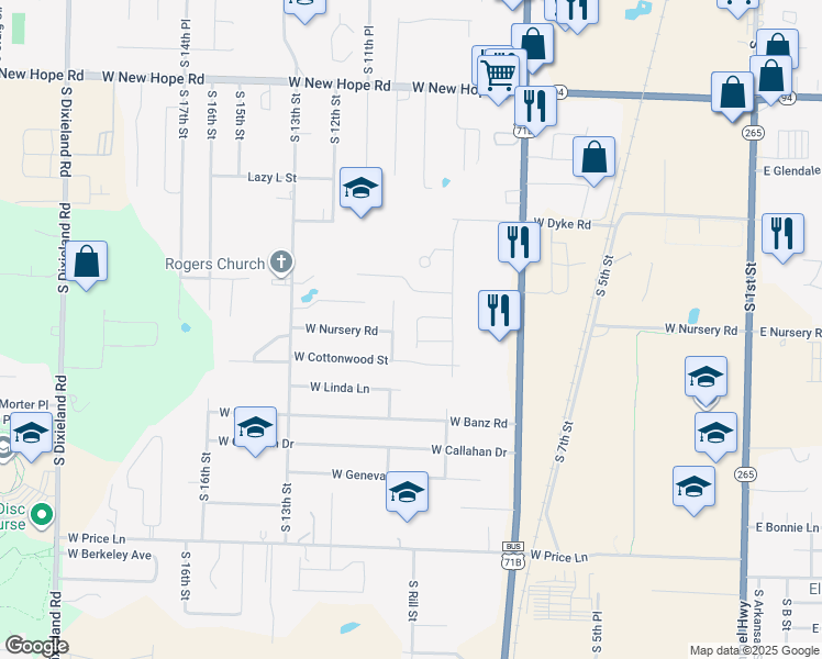 map of restaurants, bars, coffee shops, grocery stores, and more near 2009 South 11th Street in Rogers