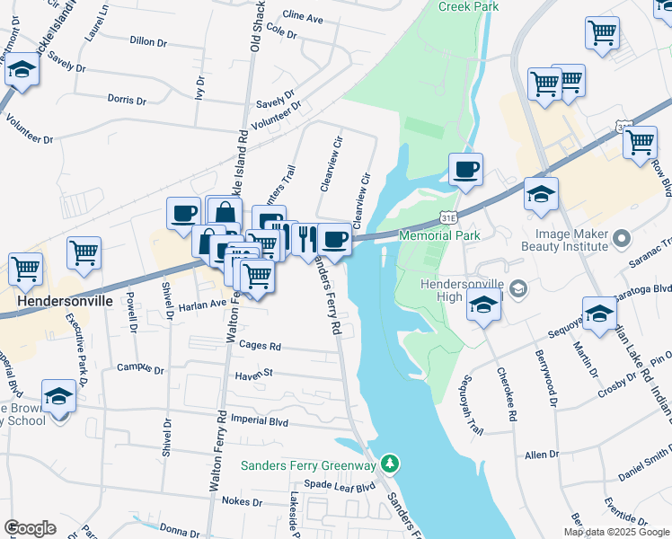 map of restaurants, bars, coffee shops, grocery stores, and more near 101 Sanders Ferry Road in Hendersonville
