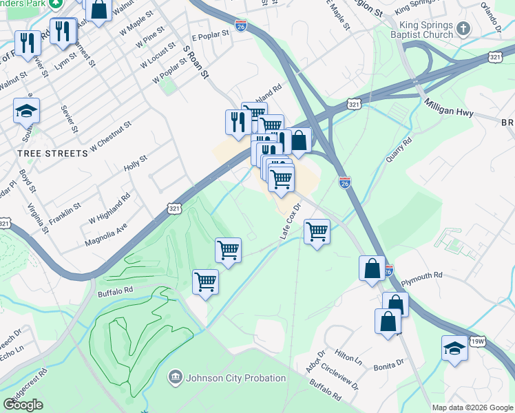 map of restaurants, bars, coffee shops, grocery stores, and more near 209 University Parkway in Johnson City
