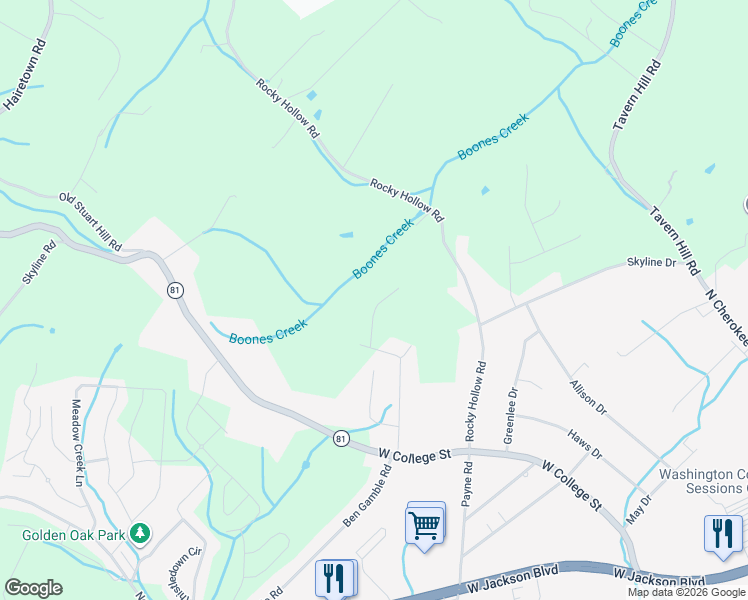 map of restaurants, bars, coffee shops, grocery stores, and more near 187 Anderson Road in Jonesborough