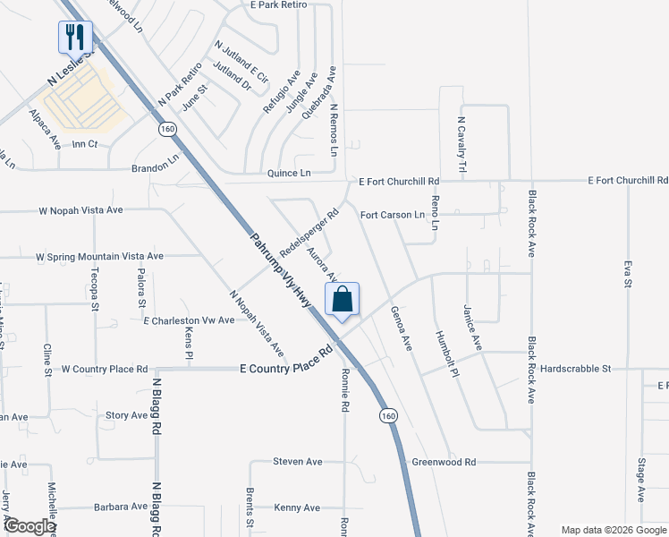map of restaurants, bars, coffee shops, grocery stores, and more near 5701 Aurora Avenue in Pahrump
