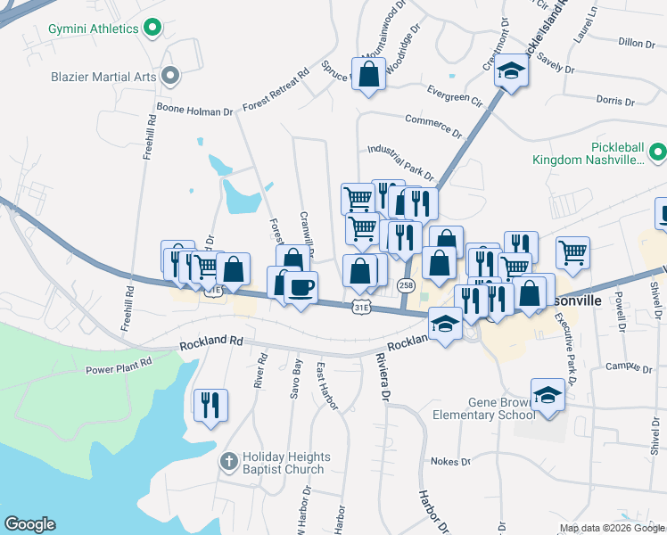 map of restaurants, bars, coffee shops, grocery stores, and more near 102 Cranwill Drive in Hendersonville