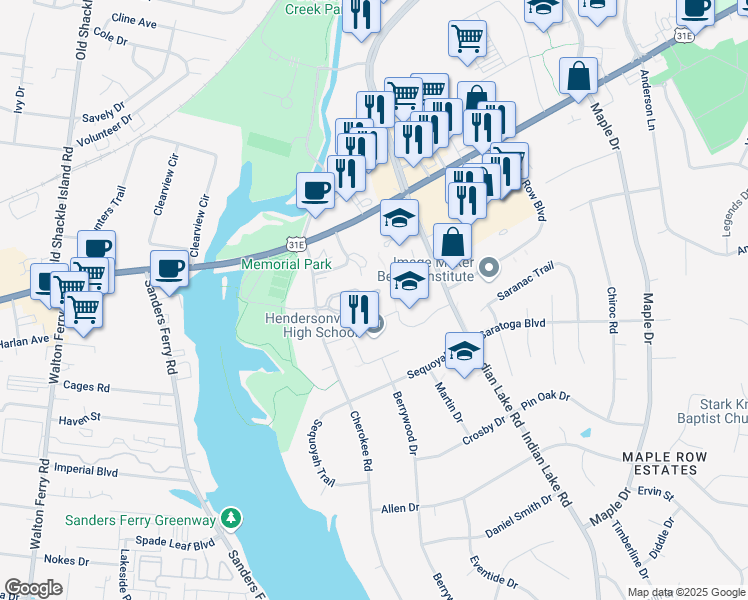 map of restaurants, bars, coffee shops, grocery stores, and more near 101 Carriage Lane in Hendersonville
