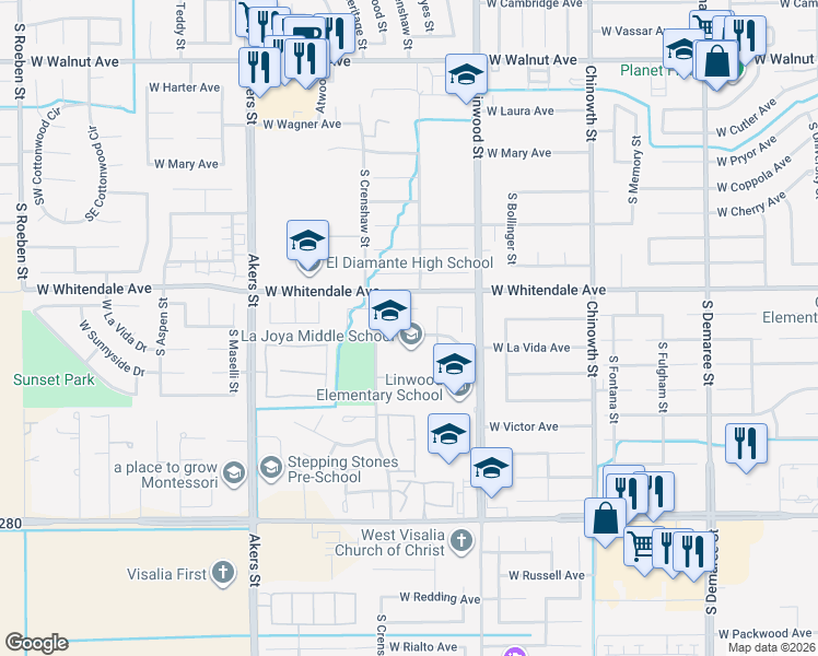 map of restaurants, bars, coffee shops, grocery stores, and more near 4712 West La Vida Avenue in Visalia