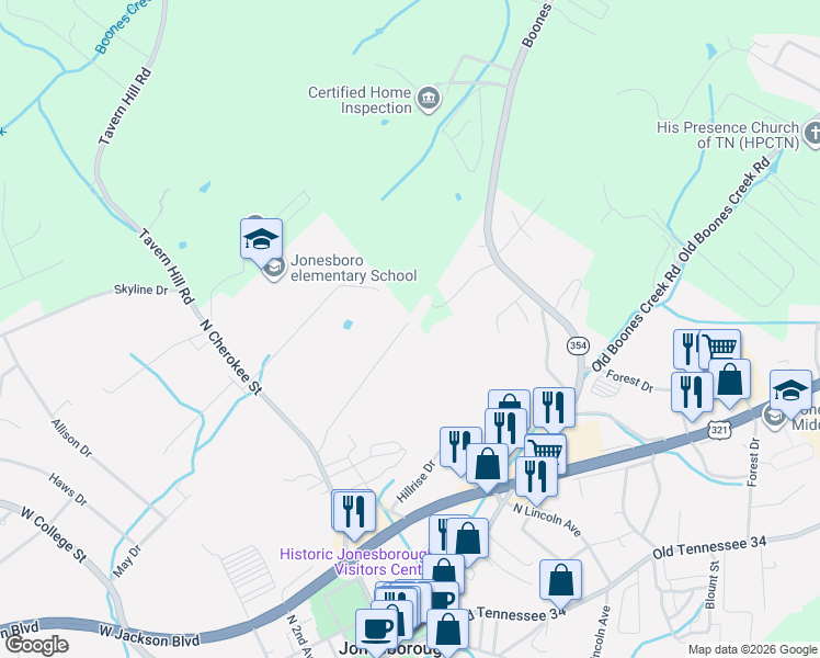 map of restaurants, bars, coffee shops, grocery stores, and more near 991 Boones Creek Road in Jonesborough