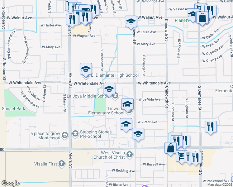 map of restaurants, bars, coffee shops, grocery stores, and more near 4712 West La Vida Avenue in Visalia