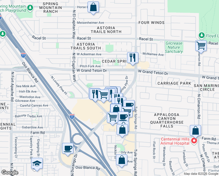map of restaurants, bars, coffee shops, grocery stores, and more near 8557 Hidden Pines Avenue in Las Vegas
