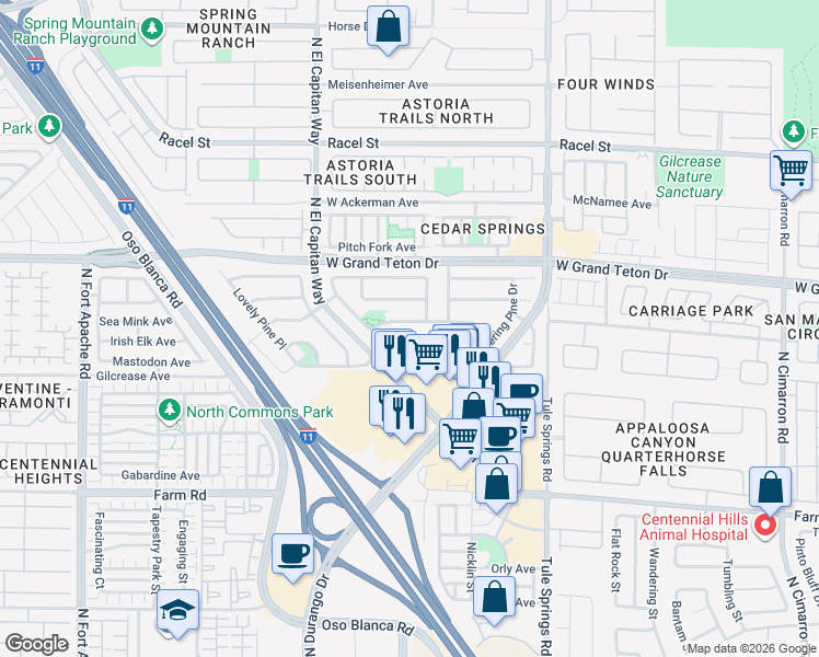 map of restaurants, bars, coffee shops, grocery stores, and more near 8617 West Hidden Pines Avenue in Las Vegas