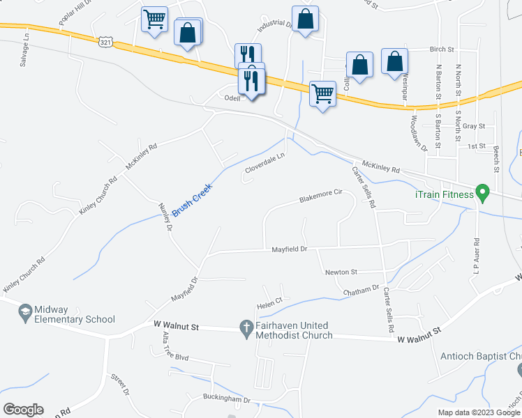 map of restaurants, bars, coffee shops, grocery stores, and more near 172 Blakemore Circle in Johnson City