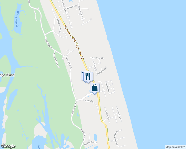 map of restaurants, bars, coffee shops, grocery stores, and more near 635 Saltspray Court in Corolla