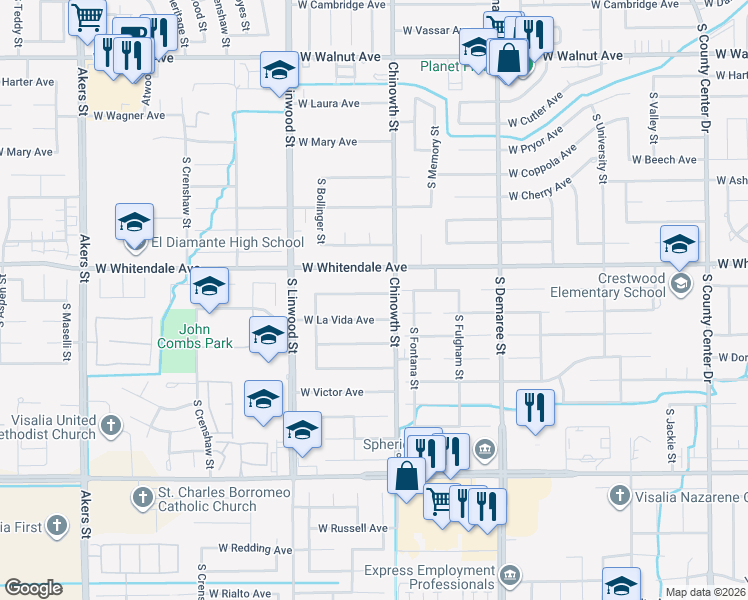 map of restaurants, bars, coffee shops, grocery stores, and more near 4143 West Monte Vista Avenue in Visalia