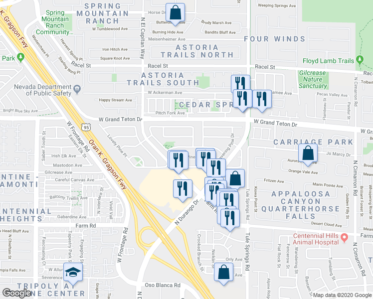 map of restaurants, bars, coffee shops, grocery stores, and more near 8617 West Hidden Pines Avenue in Las Vegas