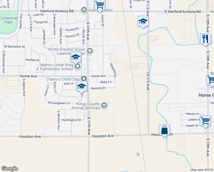map of restaurants, bars, coffee shops, grocery stores, and more near 10828 Beverly Drive in Hanford