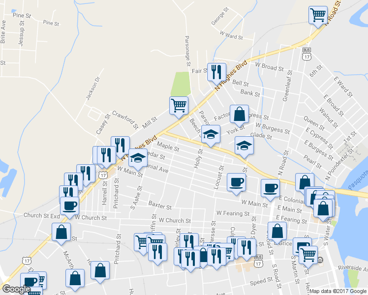 map of restaurants, bars, coffee shops, grocery stores, and more near 904 Maple St in Elizabeth City