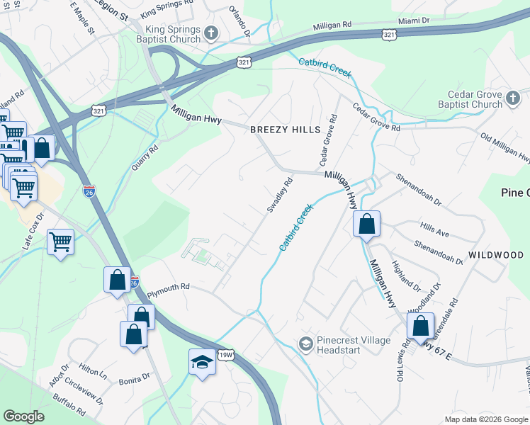 map of restaurants, bars, coffee shops, grocery stores, and more near 100-198 Mize Lane in Johnson City