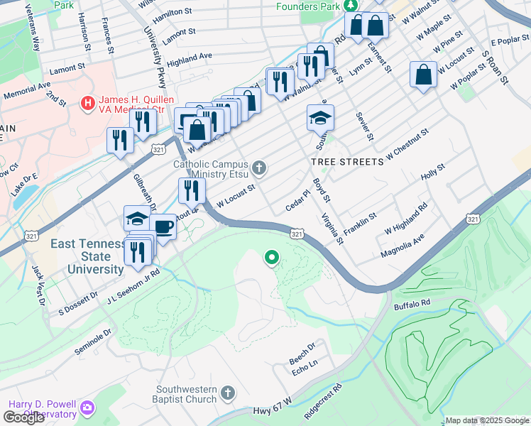 map of restaurants, bars, coffee shops, grocery stores, and more near 1119 Southwest Avenue in Johnson City