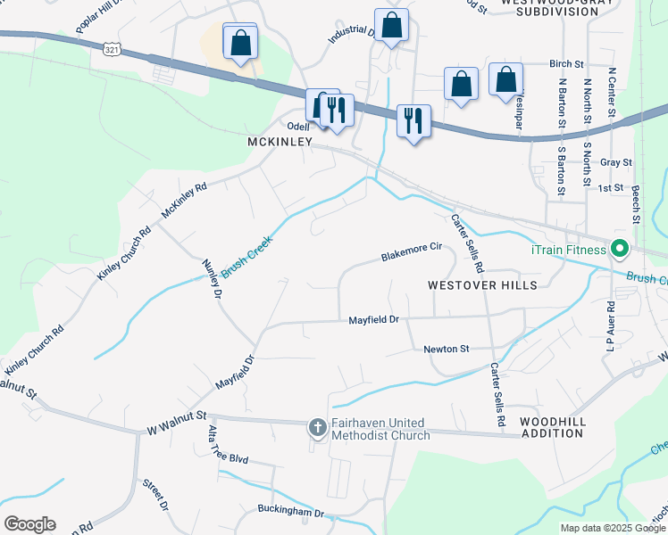 map of restaurants, bars, coffee shops, grocery stores, and more near 178 Blakemore Circle in Johnson City