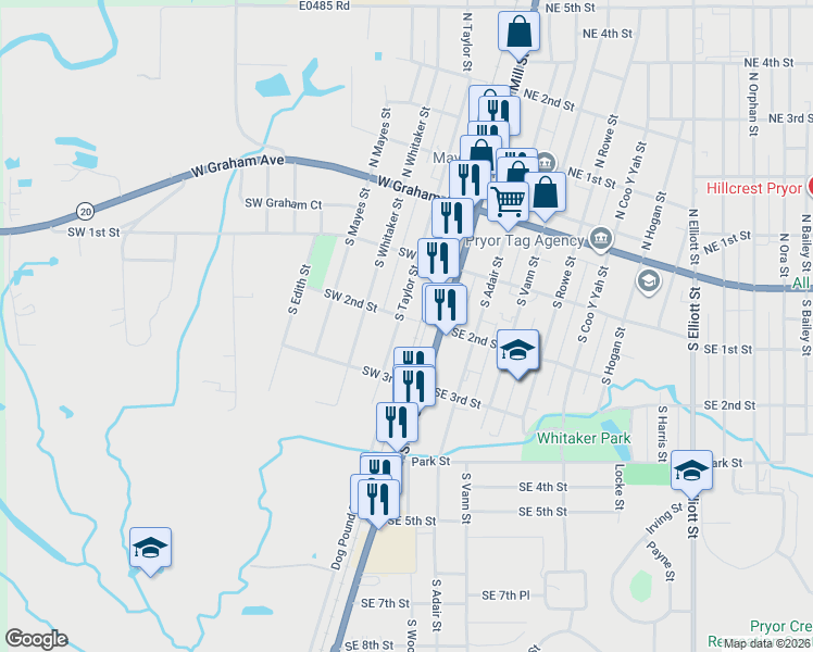 map of restaurants, bars, coffee shops, grocery stores, and more near 200 South Mill Street in Pryor