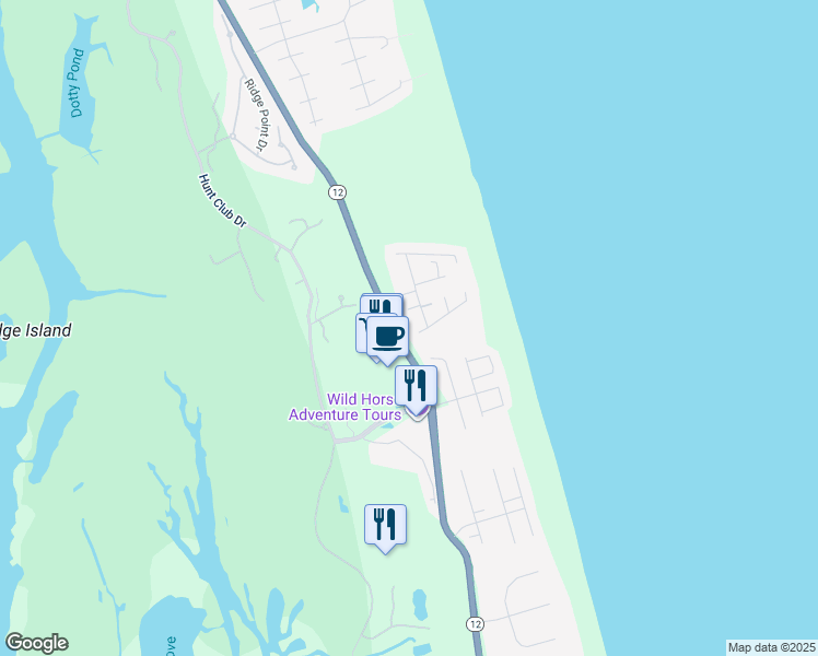 map of restaurants, bars, coffee shops, grocery stores, and more near 635 Saltspray Court in Corolla