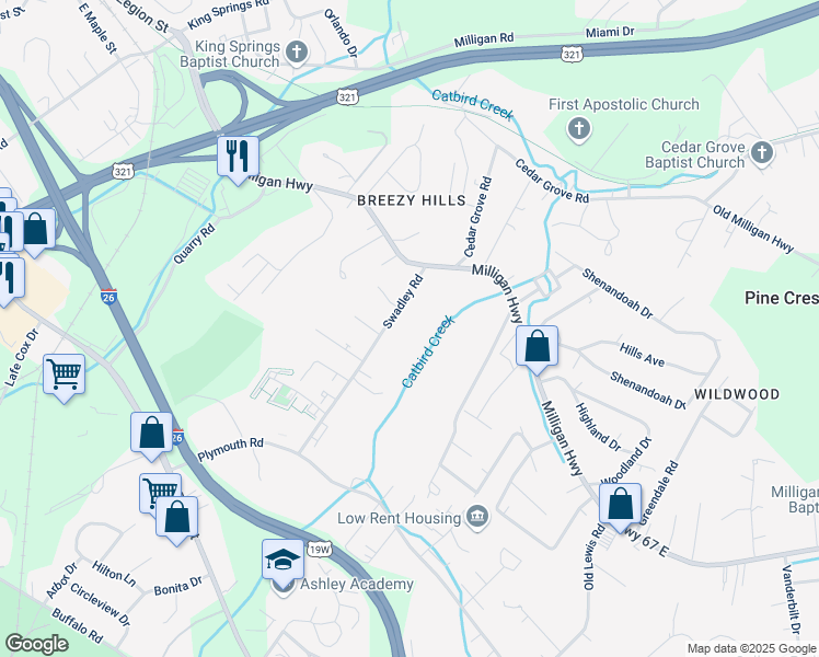 map of restaurants, bars, coffee shops, grocery stores, and more near 800 Swadley Road in Johnson City