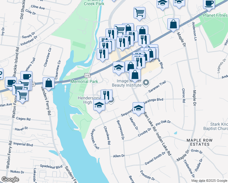 map of restaurants, bars, coffee shops, grocery stores, and more near 106 Carriage Lane in Hendersonville