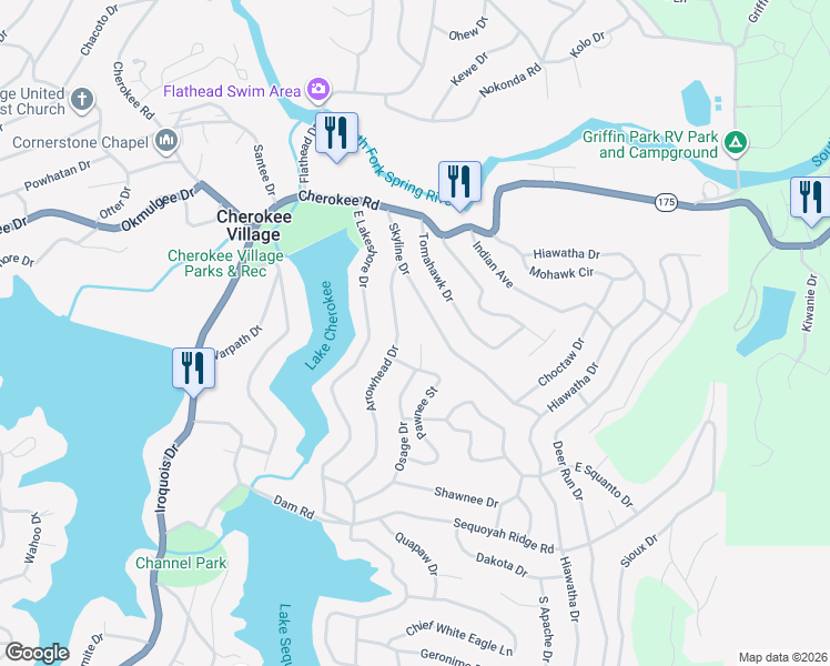 map of restaurants, bars, coffee shops, grocery stores, and more near 5 Osage Circle in Cherokee Village