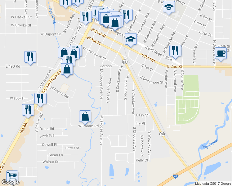 map of restaurants, bars, coffee shops, grocery stores, and more near 611 South Chickasaw Avenue in Claremore