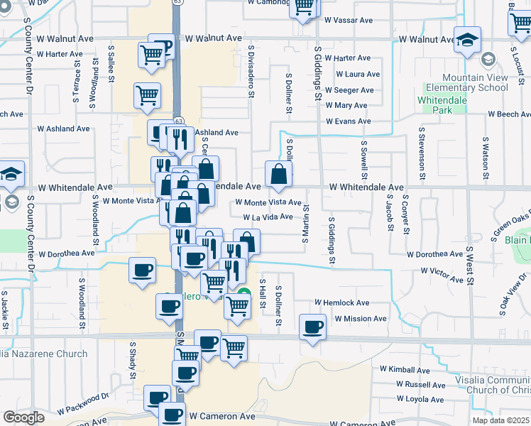 map of restaurants, bars, coffee shops, grocery stores, and more near 1600 West La Vida Avenue in Visalia