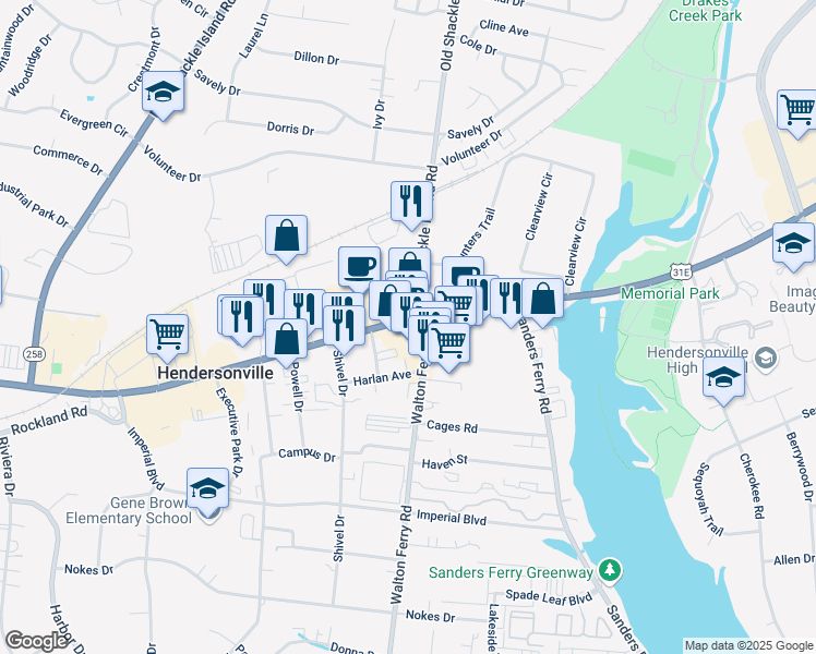 map of restaurants, bars, coffee shops, grocery stores, and more near 251 West Main Street in Hendersonville