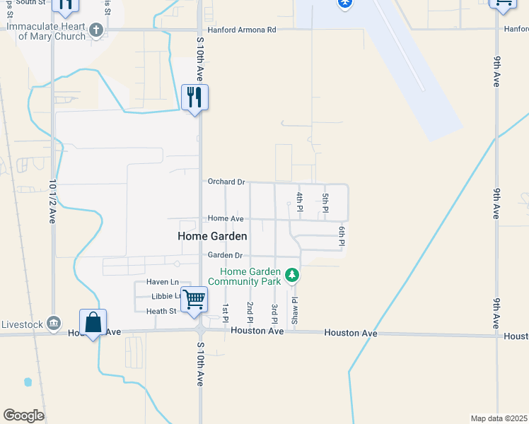 map of restaurants, bars, coffee shops, grocery stores, and more near 9790 Home Avenue in Hanford
