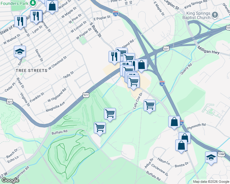 map of restaurants, bars, coffee shops, grocery stores, and more near 209 University Parkway in Johnson City
