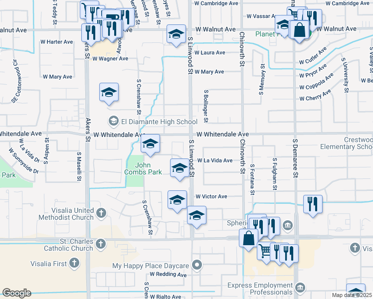 map of restaurants, bars, coffee shops, grocery stores, and more near 2830 South Rova Court in Visalia