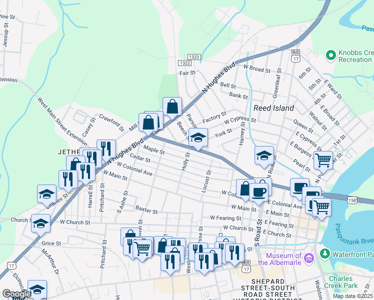 map of restaurants, bars, coffee shops, grocery stores, and more near 801 West Elizabeth Street in Elizabeth City