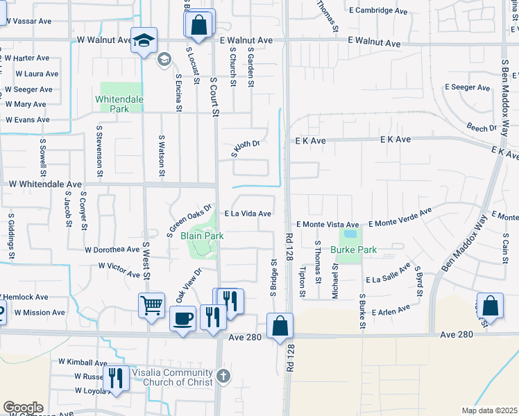 map of restaurants, bars, coffee shops, grocery stores, and more near 318 East La Vida Avenue in Visalia